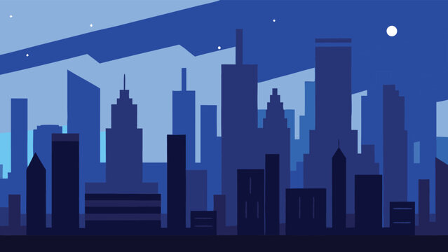 Modern city skyline silhouette at dusk with blue hues