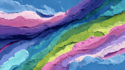 Vibrant, soft abstract lines create a colorful, textured backdrop with a blend of blue, green, and pink, reminiscent of a spring sky design