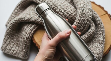 Stainless Steel Water Bottle Held by Hand on Wooden Surface with Knitted Blanket