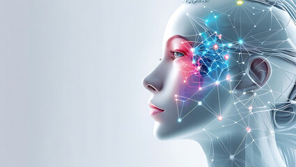 Artificial intelligence concept with neural network connections on human face profile