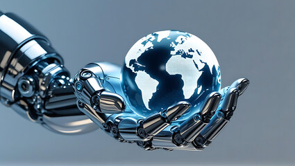Cybernetic hand holding digital globe representing AI driven global economy and technology
