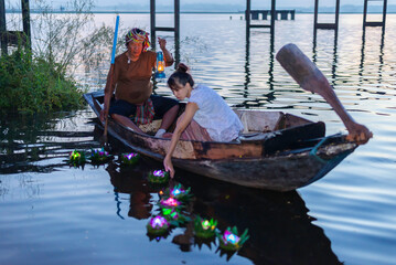 Loy Krathong Traditional Festival, Thai woman hold kratong, Thailand, Asia woman in Thai dress...