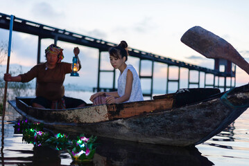 Loy Krathong Traditional Festival, Thai woman hold kratong, Thailand, Asia woman in Thai dress...
