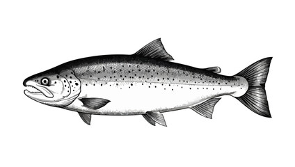 Fototapeta premium Hand drawn salmon fish, Fish Anatomy Illustration – Detailed Black and White Drawing of Streamlined Marine Animal