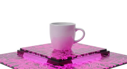 White Ceramic Coffee Mug on Pink Circuit Board with Glowing Led Lights