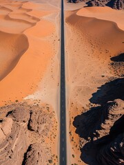 Overhead view of a desert road dividing orange sand dunes and rocky terrain, clean central split, geometric symmetry