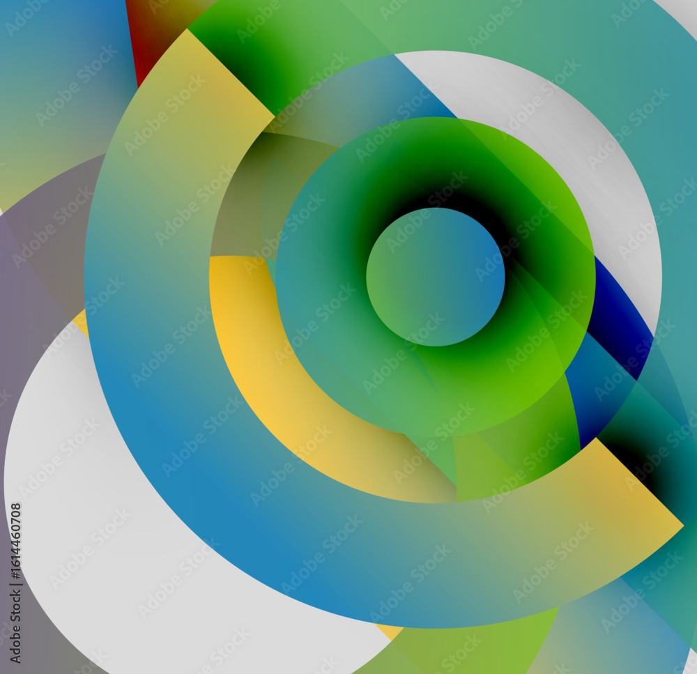 Poster abstract colorful circles create dynamic spiral effect. gradient hues blend, forming captivating vis