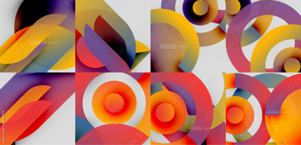 Poster abstract colorful designs. overlapping circles create dynamic compositions. gradient hues blend, for