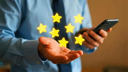 Businessman holding phone with glowing stars floating from palm, signifying excellent customer feedback and high ratings.