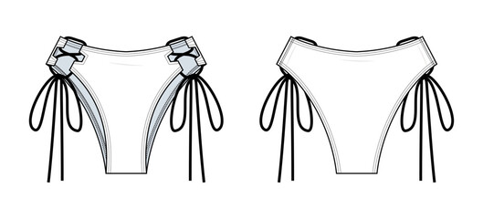 High-Waisted String Bikini Bottom Technical Fashion Illustration. Tie-Side Bikini Briefs Vector Template. Front and Back View. Y2K Swimwear. Women’s Beachwear. CAD Mockup Set.