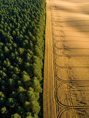 Aerial split between dense pine forest and golden wheat field, symmetry in nature, textured surface, summer scene