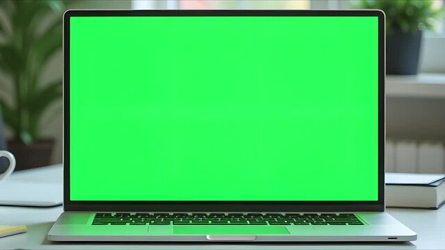 A laptop with a green screen TV, and a retro computer monitor all display glitch effects in sync, zooming out slowly into a nostalgic, analog-style background.