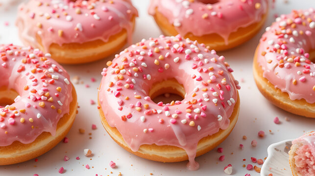Sweet strawberry glazed donuts with sprinkles on white background, Delicious colorful donuts on white background PNG File.