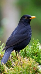 Close-up of a black bird on greenery