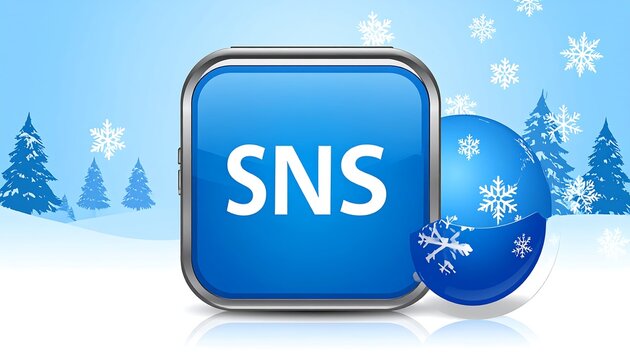 Blue square icon with text "SNS" on a winter scene