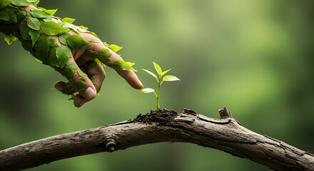A conceptual image of a human hand covered in green leaves gently touching a small new plant sprout, symbolizing growth and a connection to nature.