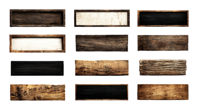 Twelve Rectangular Rustic Wooden Frames And Planks With Transparent Background.