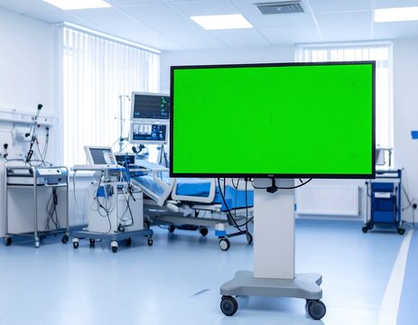 Hospital room with medical equipment and a blank green screen