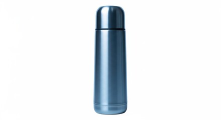 Blue Stainless Steel Thermos Bottle Standing on White Background