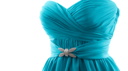 Turquoise dress features a bodice and decorative butterfly brooch.
