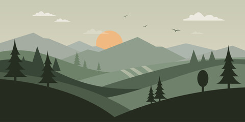 Flat Nature Landscape with Mountains, Forest, and Sunrise Scene.