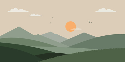 Flat Nature Landscape with Mountains, Forest, and Sunrise Scene.