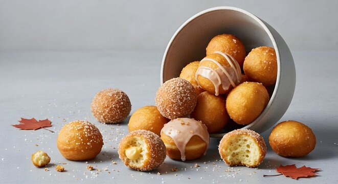 Timbits Canadian bite sized doughnut holes with sugar glaze and assorted toppings