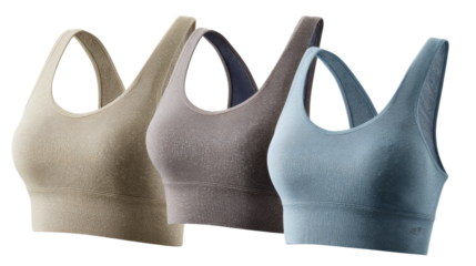 Three Sports Bras in Different Colors Are Standing Up