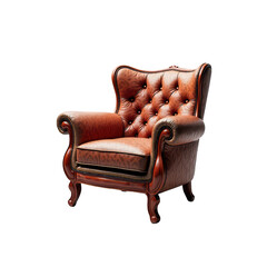 Ornate leather wingback chair on a black background.