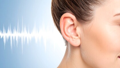 Close-up of a woman's ear with a sound wave graphic