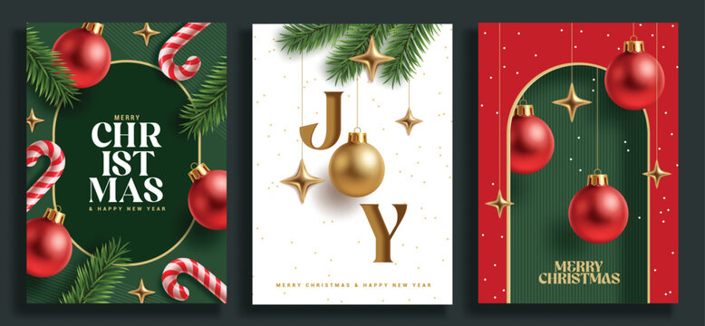 Merry Christmas greeting poster clipart set. Christmas greeting card template with joy, wishes and happy new year clip art banner collection vector illustration.  
