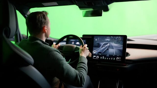 a driver in steering a car with a futuristic interior against a green screen background, featuring a prominent on the steering wheel and a digital dashboard displaying 