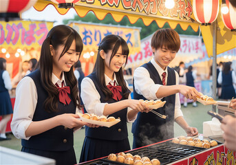 Japanese High School Students Cooking Takoyaki with Smiles at School Festival