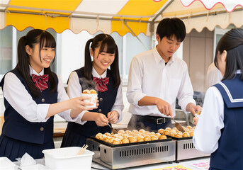 Japanese High School Students Cooking Takoyaki with Smiles at School Festival