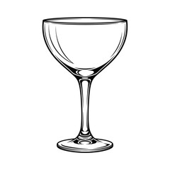 Elegant coupe glass with a slender stem and rounded bowl in a detailed line drawing illustration style