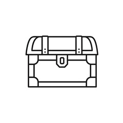 Illustration of a closed treasure chest with straps and a lock presented in a line drawing style