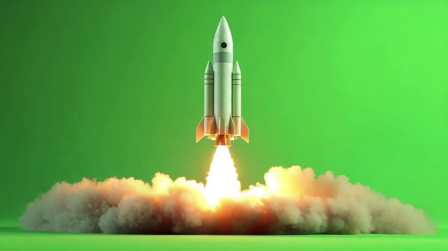 Rocket launching against a green screen background, with a red nose cone and white body, begins its ascent with bright flames and thick smoke billowing
