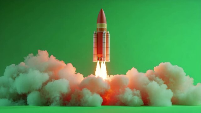 Rocket launching against a green screen background, with a red nose cone and white body, begins its ascent with bright flames and thick smoke billowing
