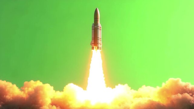 Rocket launching against a green screen background, with a red nose cone and white body, begins its ascent with bright flames and thick smoke billowing