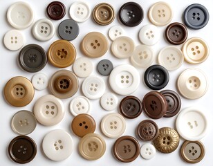 Assorted round buttons in various shades of brown, beige, and off-white, arranged on a white background