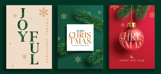 Merry Christmas greeting card poster clipart set. Christmas joyful wishes clip art template with xmas hanging balls and pine tree decoration elements in elegant banner collection vector illustration. 