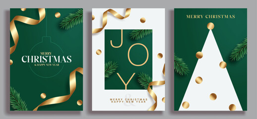 Merry Christmas card poster clipart set. Merry Christmas greeting elegant wishes and holidays clip art with gold ribbon and pine tree decoration elements for seasonal banner collection vector 
