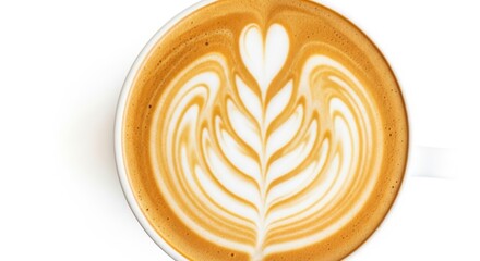 Creamy Latte Art Coffee Cup with Heart and Leaf Design on White Background