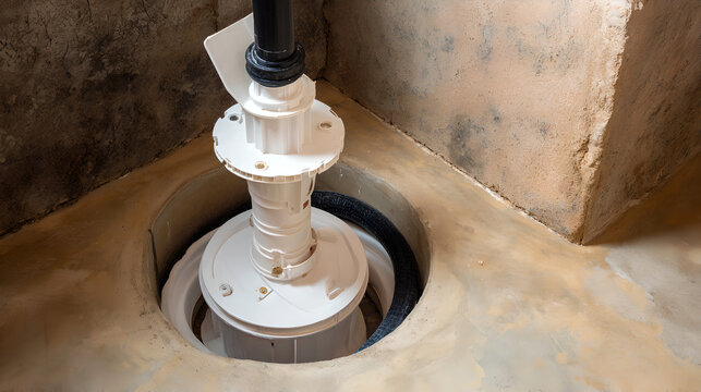 A clean, white sump pump is neatly installed within a concrete pit in a basement setting.