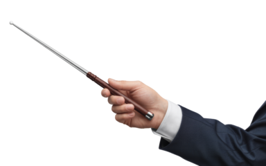 hand holding telescopic pointer stick on white background