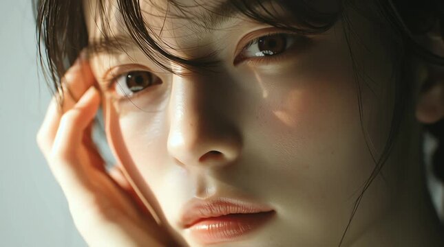 若い日本人女性のポートレート：スキンケア・ビューティーブランド広告に最適な自然な美しさ｜透明肌,ポートレート,肌,美容,髪