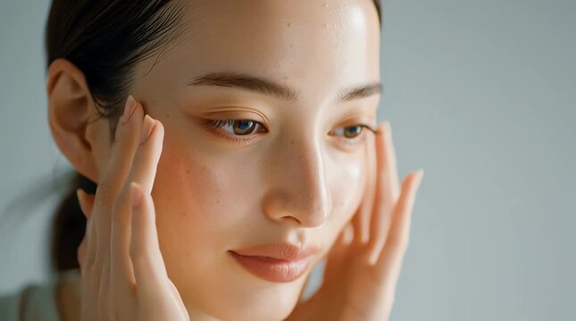 若い日本人女性のポートレート：スキンケア・ビューティーブランド広告に最適な自然な美しさ｜透明肌,ポートレート,肌,美容,髪
