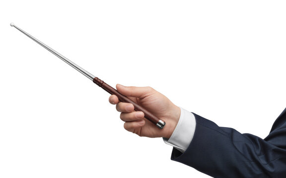 hand holding telescopic pointer stick on white background