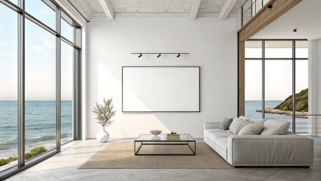 Beachside Interior with Blank Canvas Between Windows and Sea-Facing Furniture