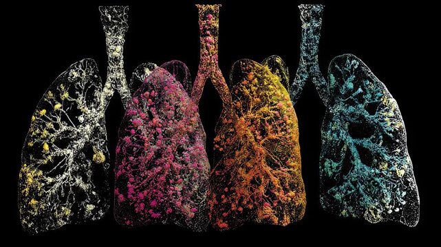 Dynamic graphic showing progression of lung nodule calcification with radiant neon white mineral deposits from histoplasmosis infection.